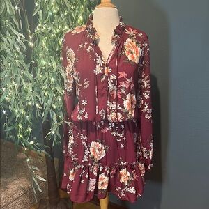 L&B Red Floral Sundress with Long Bishop Sleeves and Collar for Casual Occasions